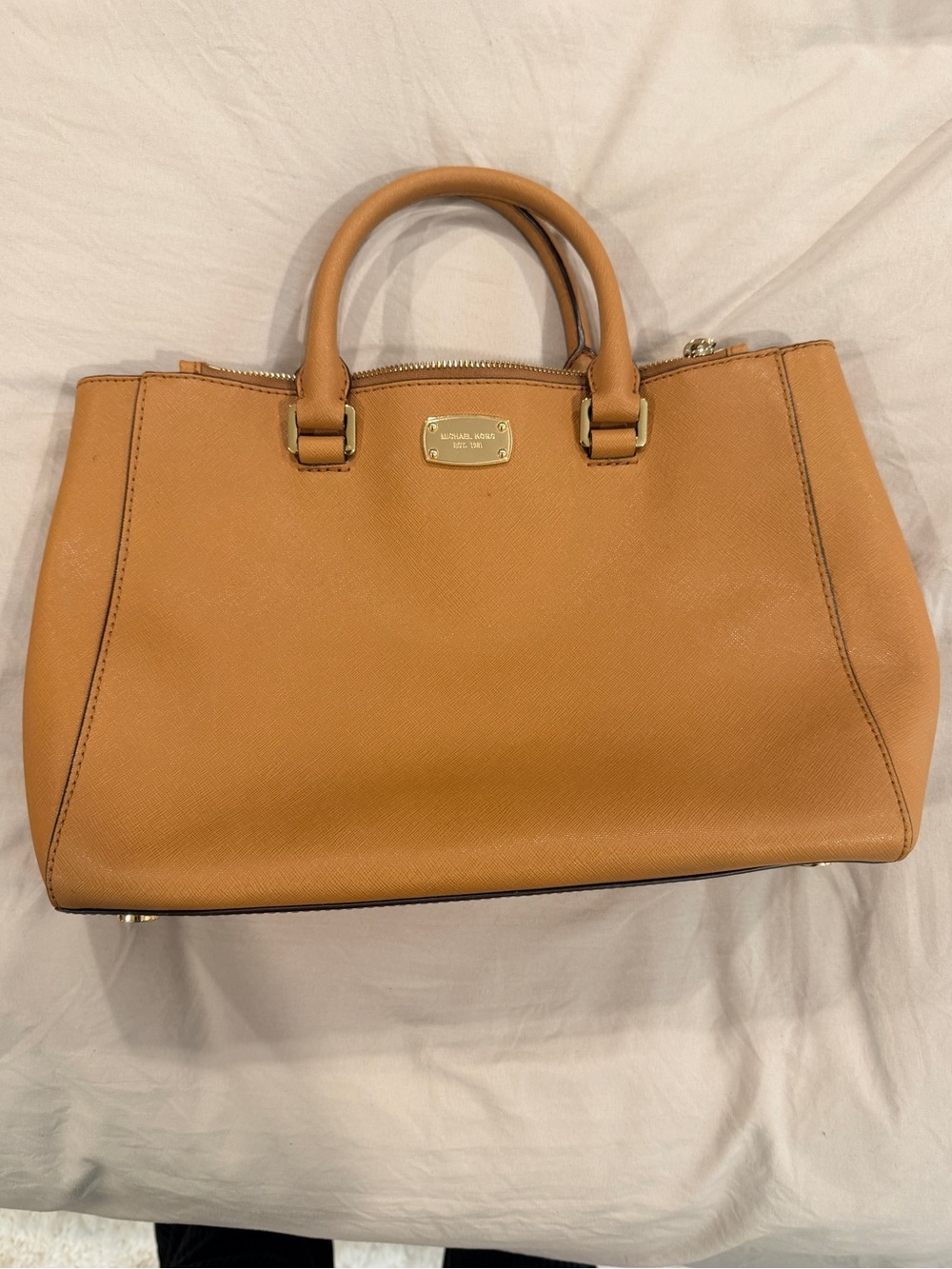 Michael Kors Tan Saffiano Leather Satchel Tote Gold Hardware
